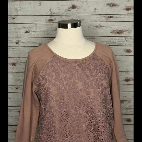 LOFT mauve cotton lace overlay fleece top Size XL - Picture 2 of 5